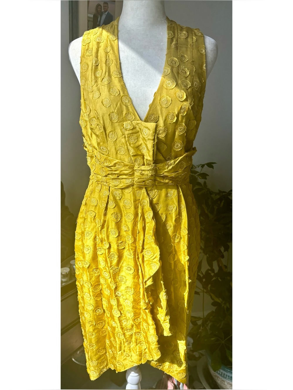 Anthropologie Dress Sleeveless Yellow/green 100% Silk V-Neck faux Wrap Size-4